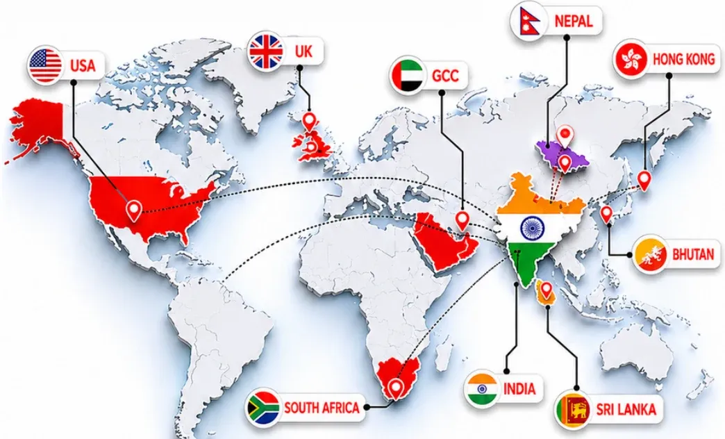 Map of Joymex Foods markets: India, USA, UK, GCC, Sri Lanka, Bhutan, Hong Kong, Nepal, South Africa